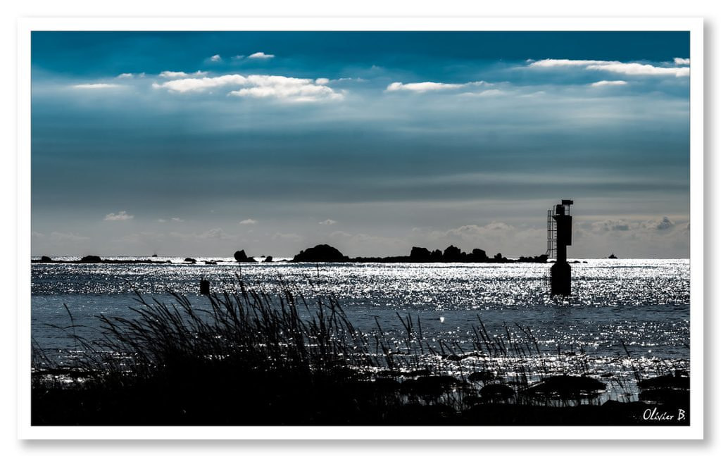 Contre-jour sur des roseaux, îlots de granit et mer d&#039;argent et réflexion du soleil pour un instant magique