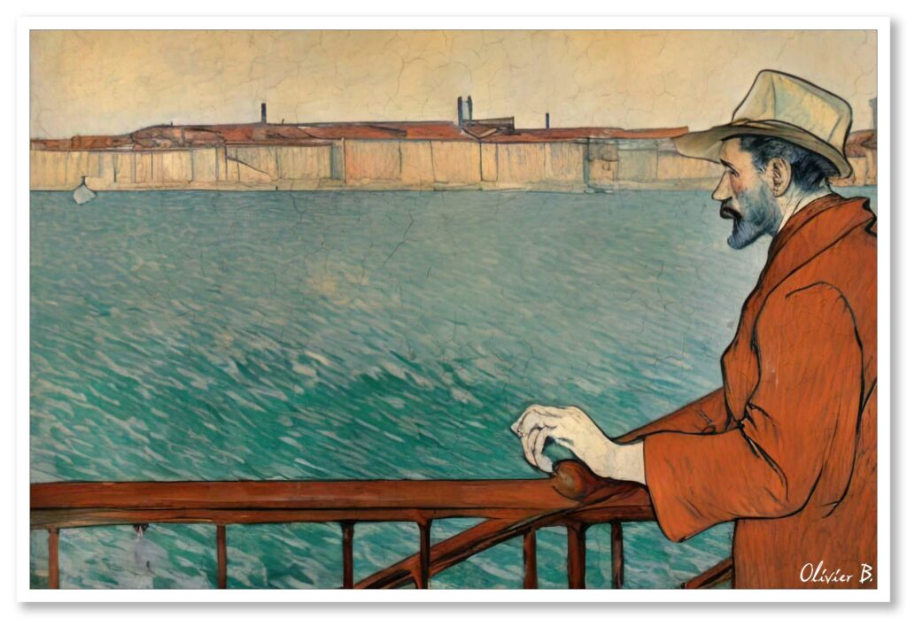 Œuvre &#039;Le Contemplatif&#039; selon Toulouse-Lautrec : un homme contemplant la mer, une vision inspirée par l&#039;intelligence artificielle