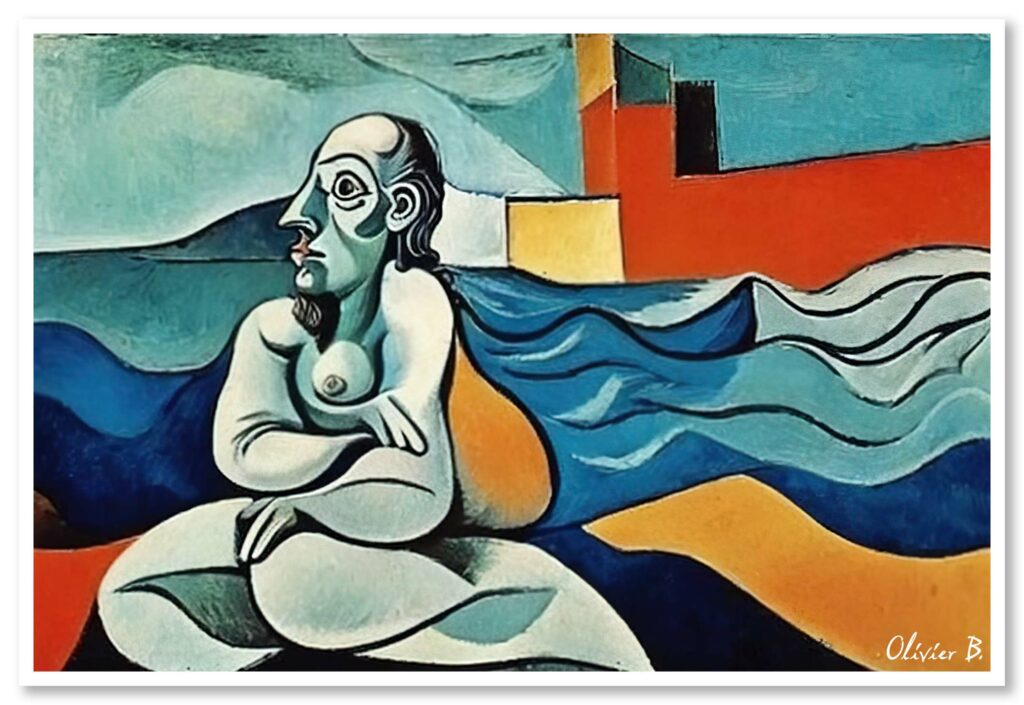 Tableau surréaliste captivant : un homme face à l&#039;océan, inspiré de Picasso et créé avec l&#039;intelligence artificielle.