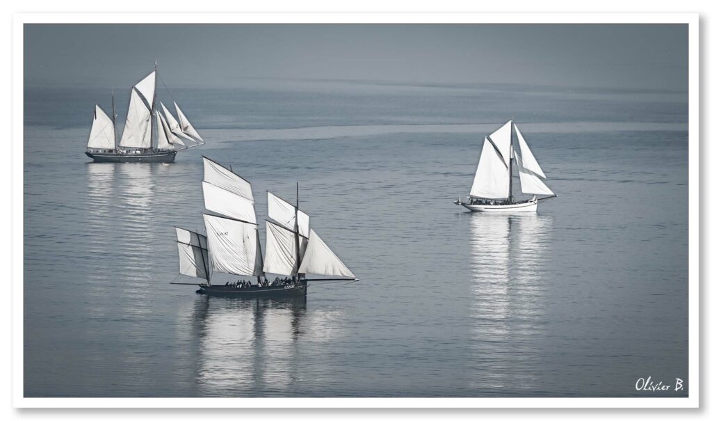 3 vieux gréements toutes voiles dehors dans la baie de Douarnenez